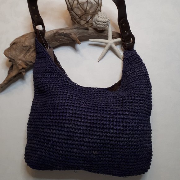 Midnight Blue Raffia Hobo Bag with Leather Strap - Picture 1 of 6